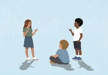 Multiracial kids talking and gesturing in discussion on blue background