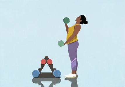 Woman exercising weightlifting with dumbbells against blue background Woman exercising weightlifting with dumbbells against blue background