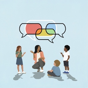 Multicolored speech bubbles overlapping above female teacher and school children talking