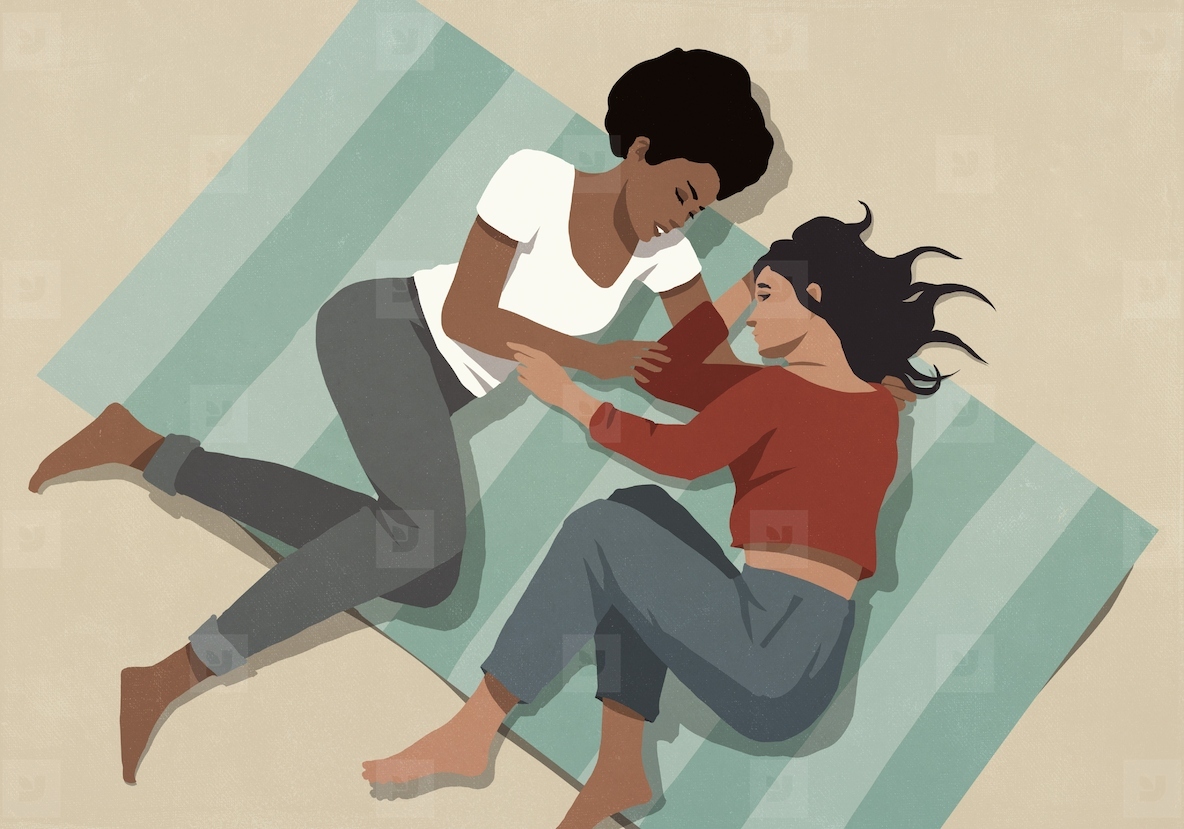 View from above of young lesbian couple relaxing