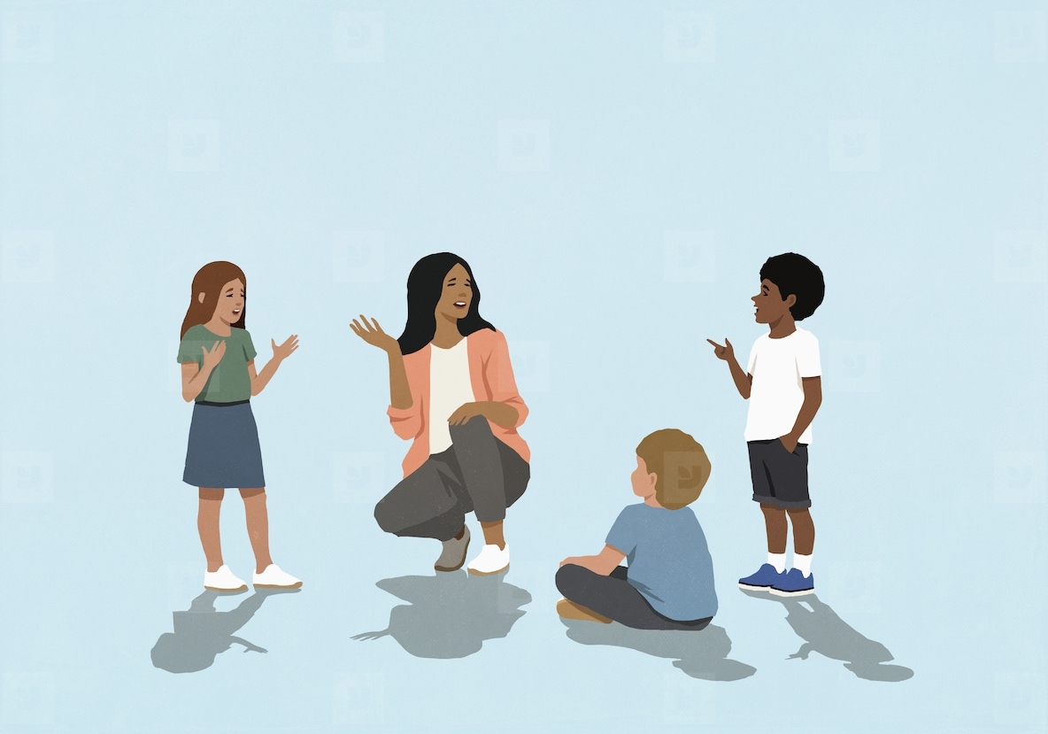 Female teacher gesturing talking with multiracial school kids against blue background