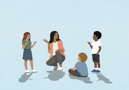 Female teacher gesturing talking with multiracial school kids against blue background