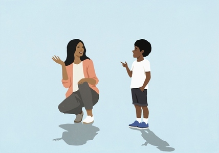 Mother and son talking and gesturing against blue background
