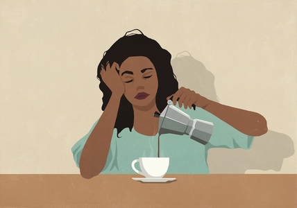 Exhausted woman with head in hands pouring coffee at morning kitchen table