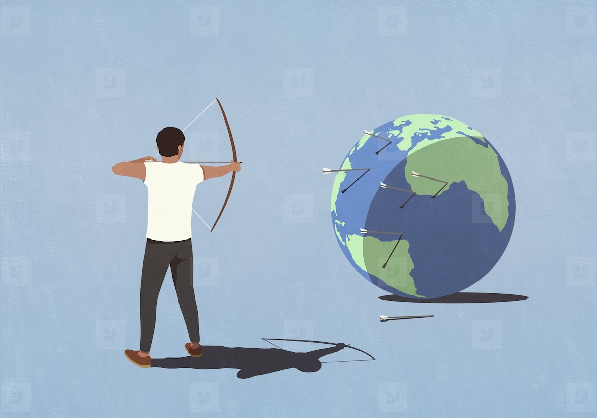 Man with bow shooting arrows at large globe against blue background