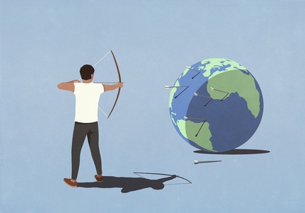 Man with bow shooting arrows at large globe against blue background Man with bow shooting arrows at large globe against blue background