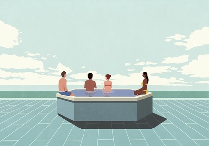 Multiracial young friends relaxing in waterfront hot tub with ocean view