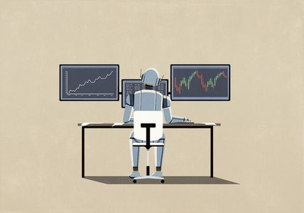 Humanoid robot working at computer monitors with financial data