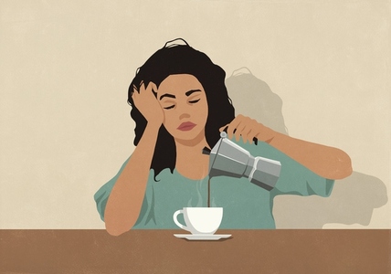 Tired woman pouring coffee at morning kitchen table