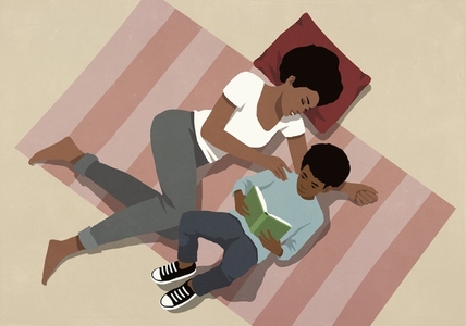 View from above of mother and son relaxing