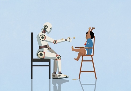 Humanoid robot feeding messy baby boy with arms raised in high chair