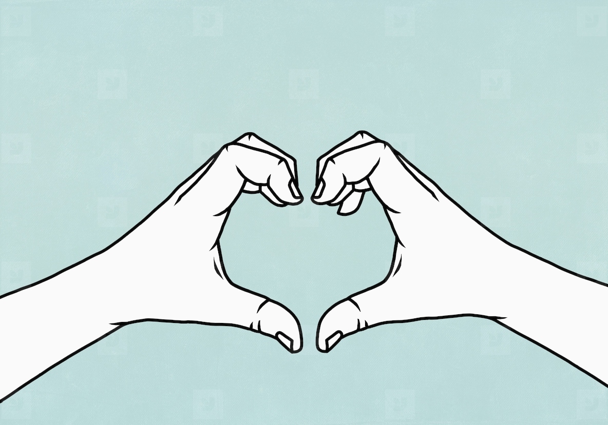 Hands forming heart shape against blue background