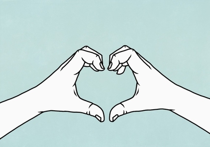 Hands forming heart shape against blue background