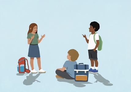 Multiracial school kids talking and gesturing in discussion against blue background