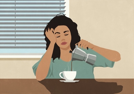 Exhausted woman with head in hands pouring coffee at morning kitchen table