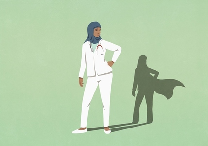 Superhero shadow on green background behind confident Muslim female doctor in hijab