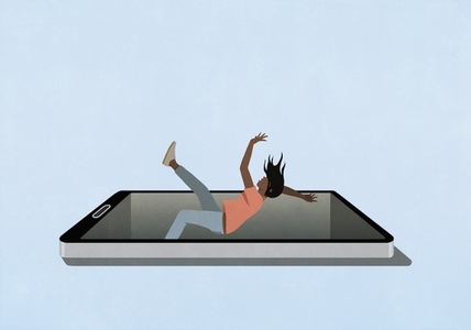 Surprised woman falling backward into smart phone screen against blue background