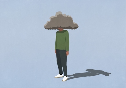 Gray storm cloud covering head of depressed man on blue background