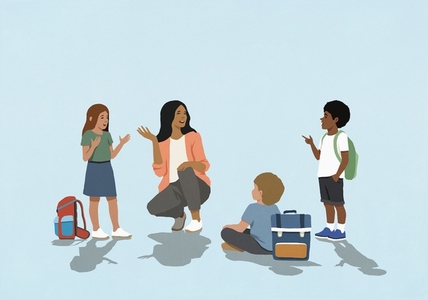 Female teacher and multiracial school kids gesturing in discussion against blue background