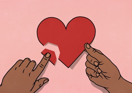 Point of view from above of hands mending broken heart on pink background