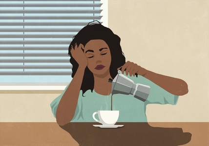 Exhausted woman pouring coffee at morning kitchen table Exhausted woman pouring coffee at morning kitchen table