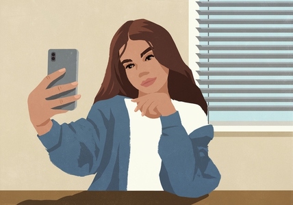 Brunette girl taking selfie with smart phone by window