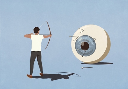 Man aiming bow and shooting arrows at large blue surveillance eyeball