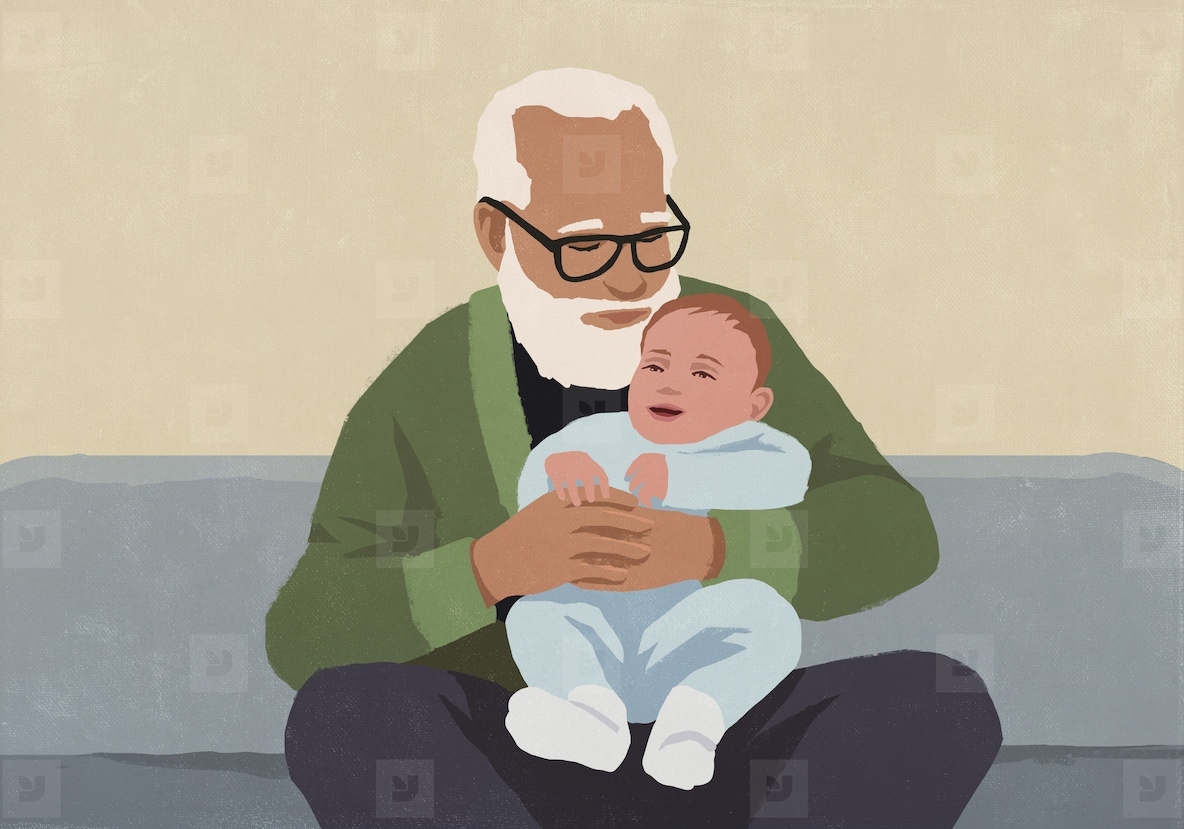 Affectionate grandfather holding baby grandson on sofa