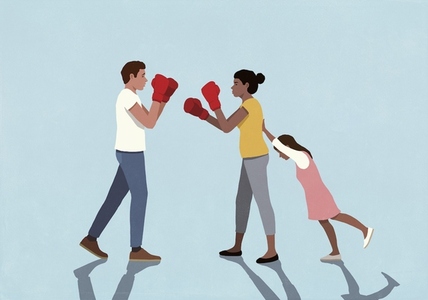 Daughter supporting pushing mother in boxing gloves toward father against blue background