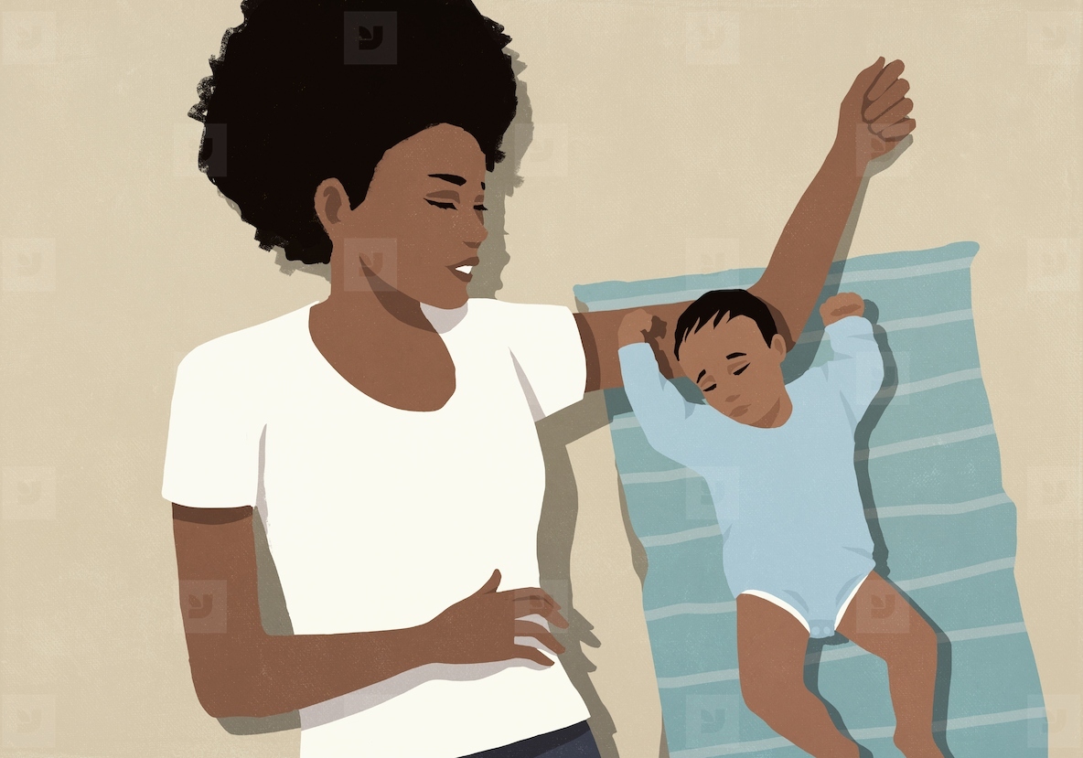 View from above mother laying and watching cute baby son sleeping next to her