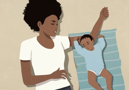 View from above mother laying and watching cute baby son sleeping next to her