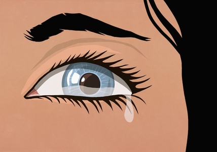 Extreme close up of woman crying teardrop falling from her blue eye