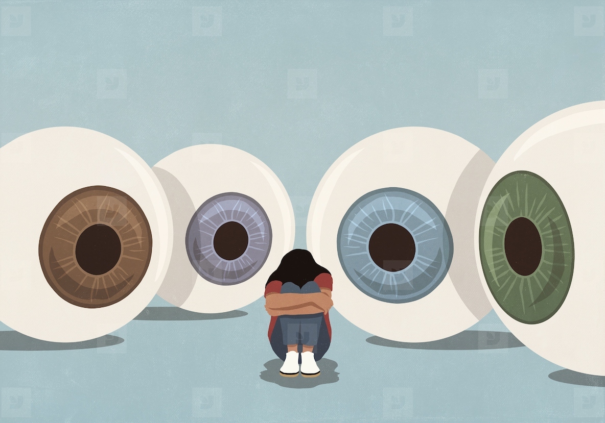 Large multicolored eyeballs staring at woman trying to hide with head down and arms wrapped