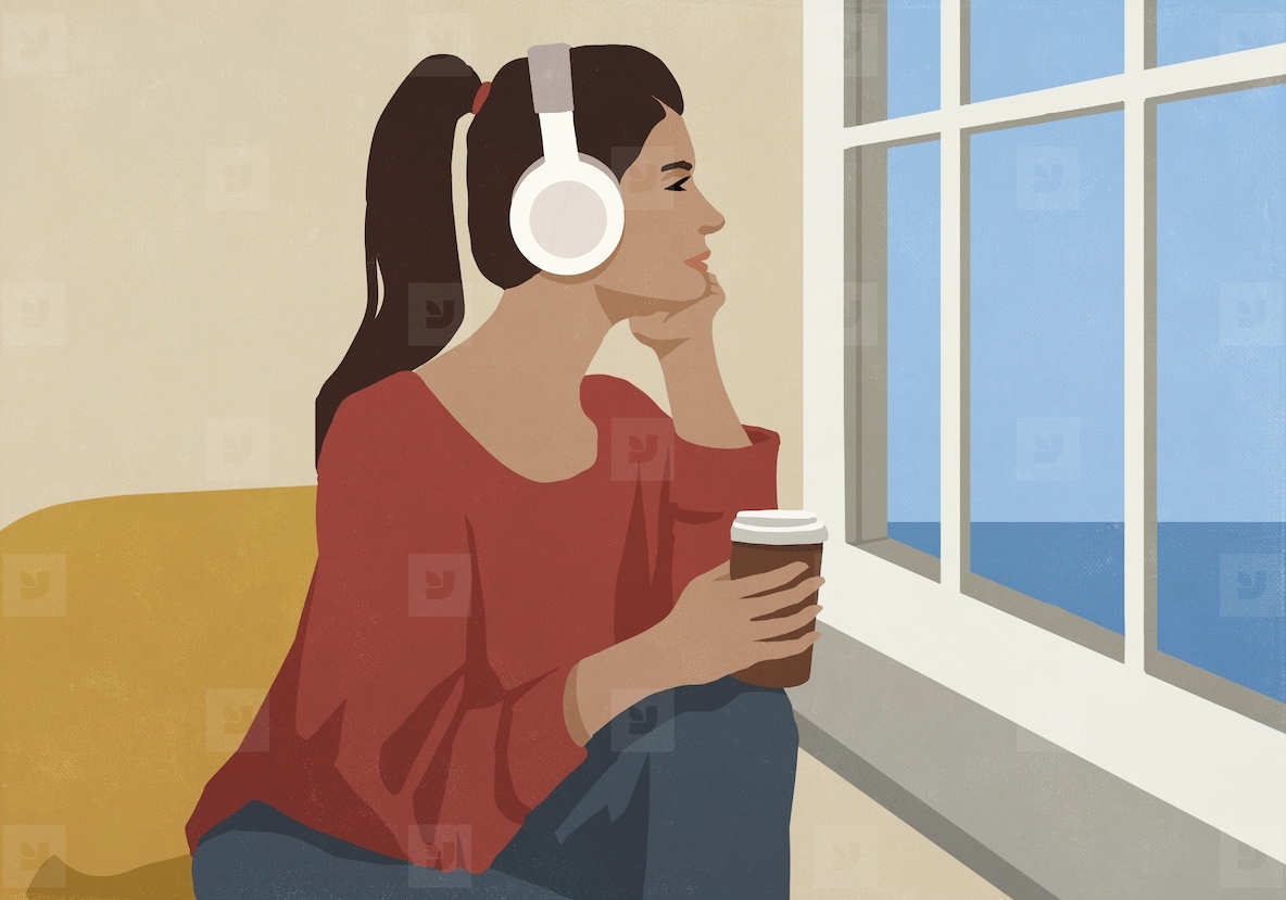 Thoughtful young brunette woman listening to music with headphones and drinking coffee