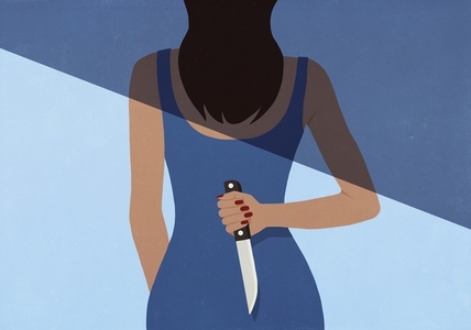 Shadow over rear view of woman in blue dress holding knife