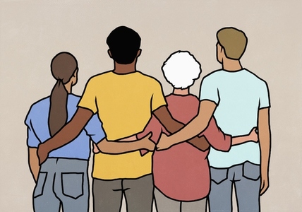 Rear view of multiracial men and women standing side by side with arms around each other