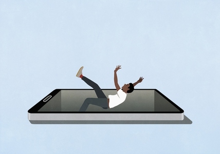 Addiction concept   man falling backward into smart phone void against blue background