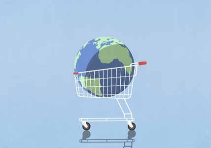 Global commerce concept   large globe in shopping cart against blue background
