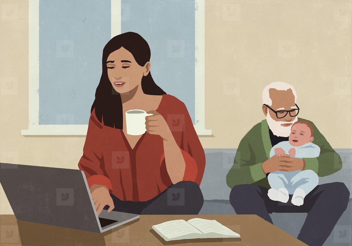 Woman working at laptop while grandfather holds grandson on lap in background