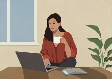 Woman drinking coffee and working at laptop Woman drinking coffee and working at laptop