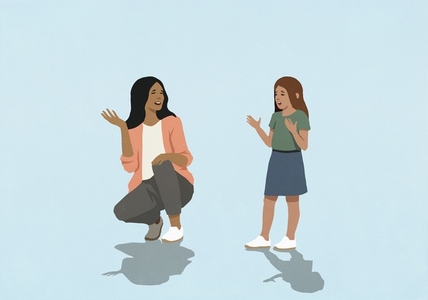 Female teacher and schoolgirl talking gesturing in discussion against blue background