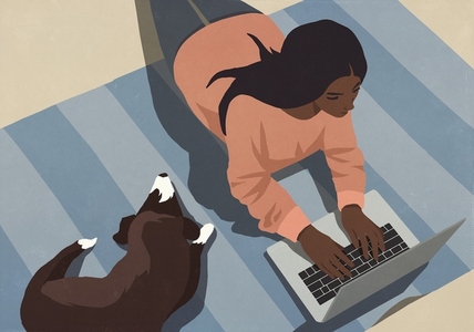 High angle view of woman working at laptop on floor next to sleeping dog High angle view of woman working at laptop on floor next to sleeping dog