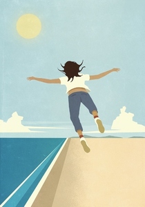 Woman flying over sunny summer ocean beach