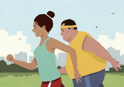 Fit woman jogging with overweight man in sunny city park