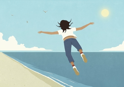 Daydreaming woman flying over sunny summer ocean beach