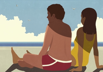 Shadow over couple relaxing on sunny summer ocean beach