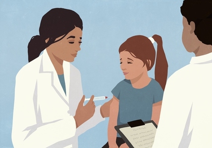 Female doctor with syringe giving vaccine to girl in doctor039 s office