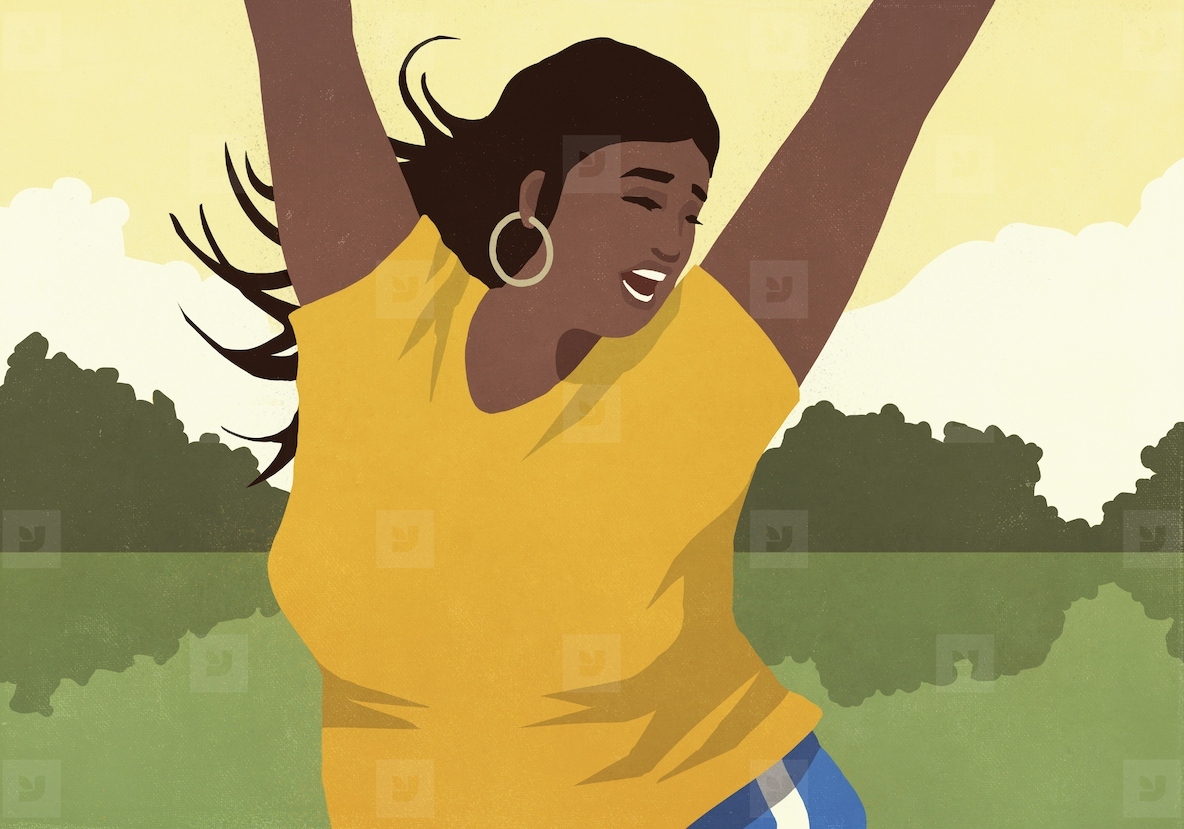 Carefree overweight woman dancing with arms raised in summer park