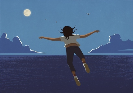 Woman dreaming flying over dark blue ocean under full moon at night