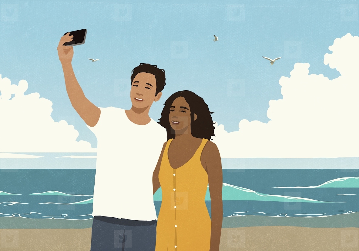 Happy young multiracial couple taking selfie with smart phone on sunny ocean beach